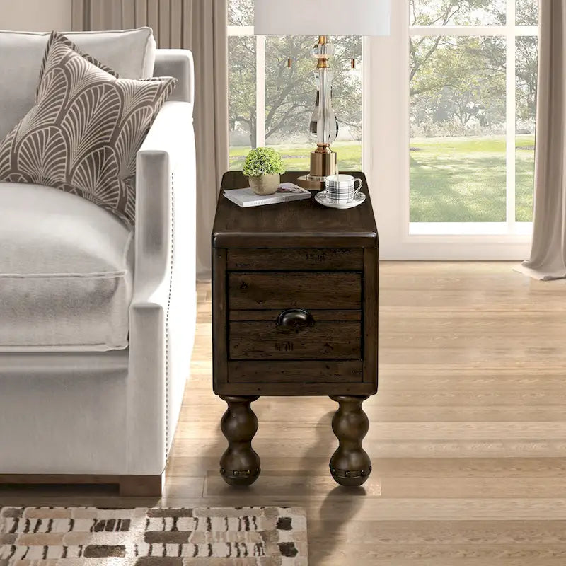 Solid Wood End Table, Rectangle 23.6 inch Narrow Side Table with Drawer, Vintage Bedside Table Nightstand for Small Spaces