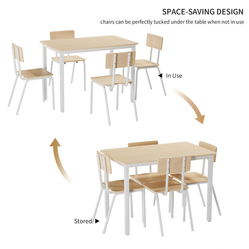 Kitchen Dining Table Set Metal Frame Breakfast Table with 4 Dining Chairs Modern Casual Dining Table Set 5-Piece Dining Set