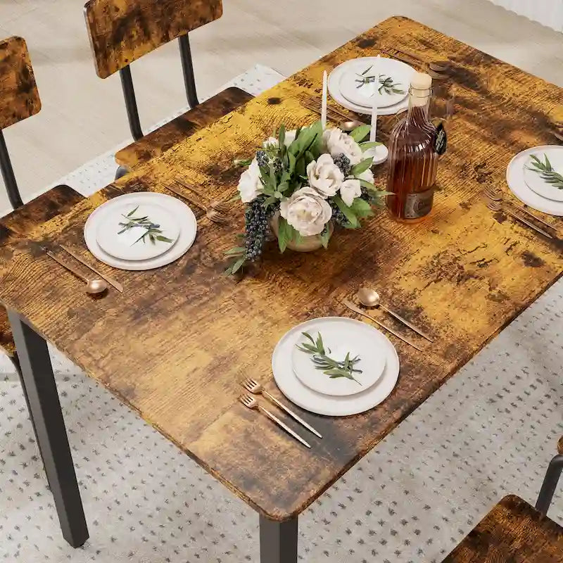 Kitchen Dining Table Set Metal Frame Breakfast Table with 4 Dining Chairs Modern Casual Dining Table Set 5-Piece Dining Set