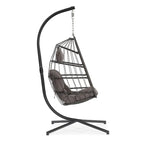 Hängesessel-Schaukel aus Korbgeflecht für die Terrasse, wetterfestes Rattan und Aluminiumgestell mit Polster und Kopfstütze