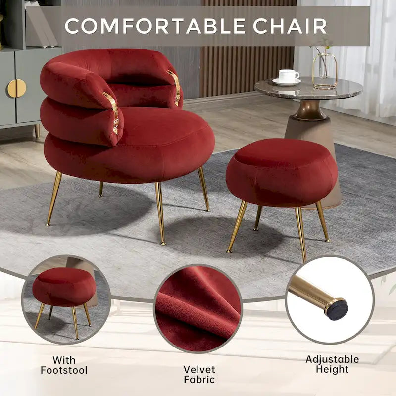 Wine Red Modern 29.13 Upholstered Barrel Chair with Ottoman and Sturdy Metal Frame