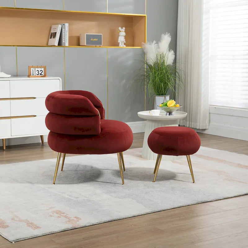 Wine Red Modern 29.13 Upholstered Barrel Chair with Ottoman and Sturdy Metal Frame