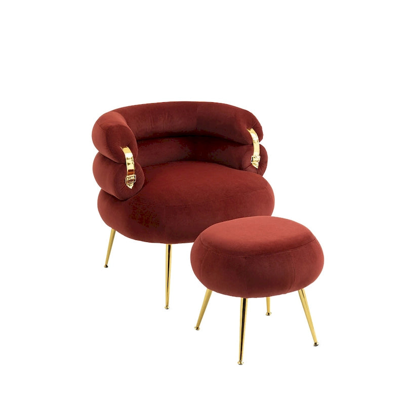 Wine Red Modern 29.13 Upholstered Barrel Chair with Ottoman and Sturdy Metal Frame
