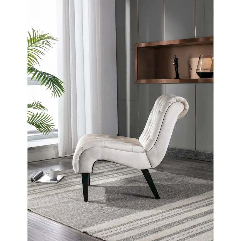 Beige 22.83 Buttons Tufted Accent Chair with Wooden Legs