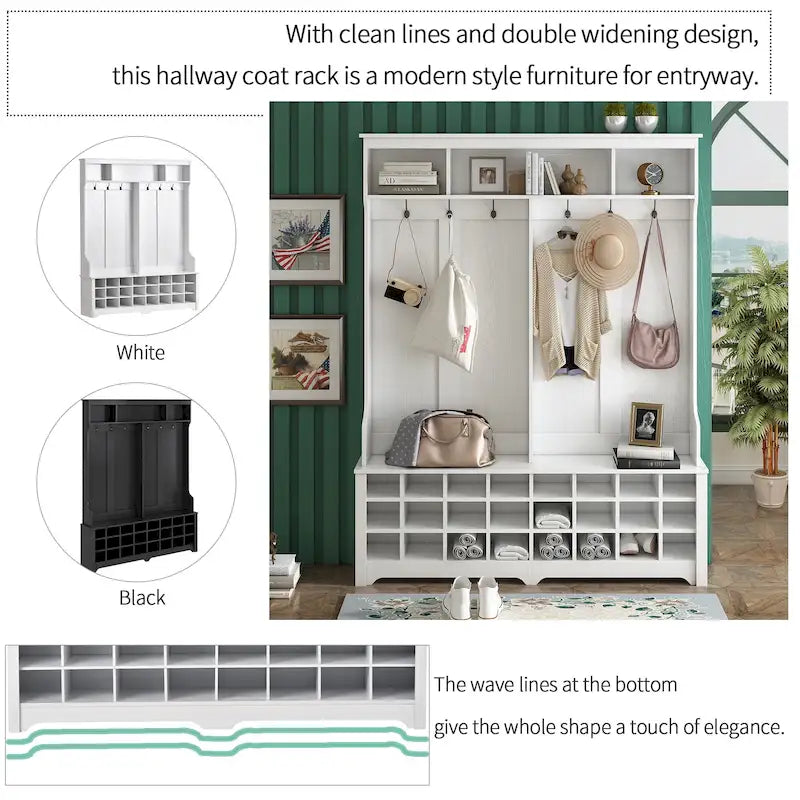 Hallway Coat Rack with Bench 60 Wide Hall Tree with Ample Storage Space and 24 Shoe Cubbies, White ( OLD SKU: WF286983AAK )