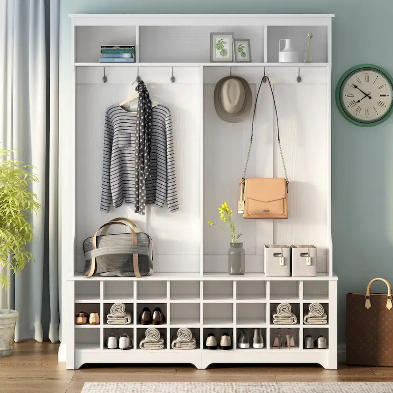 Hallway Coat Rack with Bench 60 Wide Hall Tree with Ample Storage Space and 24 Shoe Cubbies, White ( OLD SKU: WF286983AAK )