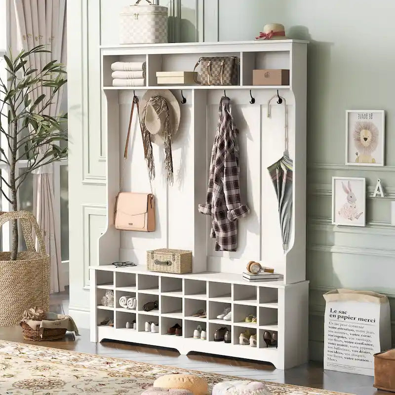 Hallway Coat Rack with Bench 60 Wide Hall Tree with Ample Storage Space and 24 Shoe Cubbies, White ( OLD SKU: WF286983AAK )