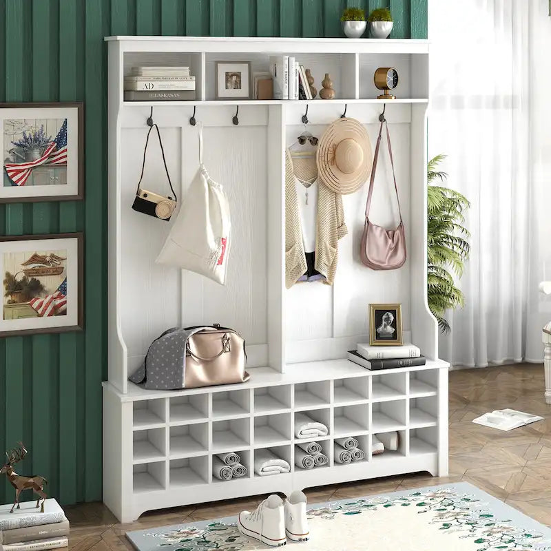 Hallway Coat Rack with Bench 60 Wide Hall Tree with Ample Storage Space and 24 Shoe Cubbies, White ( OLD SKU: WF286983AAK )