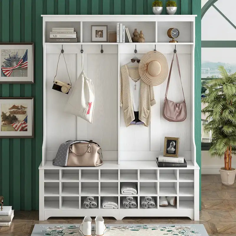 Hallway Coat Rack with Bench 60 Wide Hall Tree with Ample Storage Space and 24 Shoe Cubbies, White ( OLD SKU: WF286983AAK )