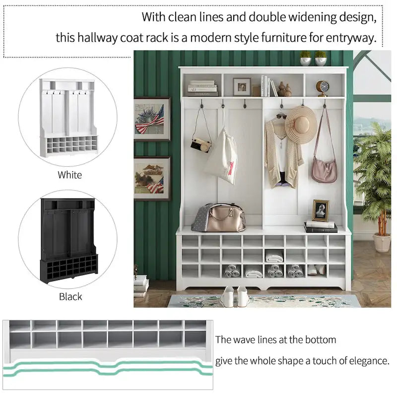 Hallway Coat Rack with Bench 60 Wide Hall Tree with Ample Storage Space and 24 Shoe Cubbies, White ( OLD SKU: WF286983AAK )