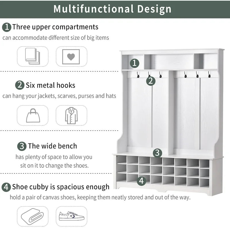 Hallway Coat Rack with Bench 60 Wide Hall Tree with Ample Storage Space and 24 Shoe Cubbies, White ( OLD SKU: WF286983AAK )