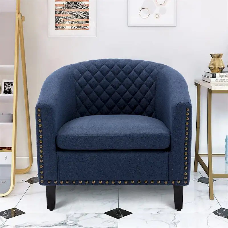 Accent Barrel chair living room chair with nailheads and solid wood legs