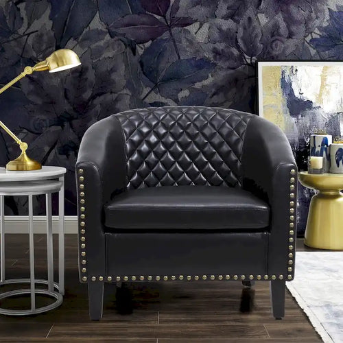 Fauteuil tonneau d’appoint pour salon avec clous décoratifs et pieds en bois massif