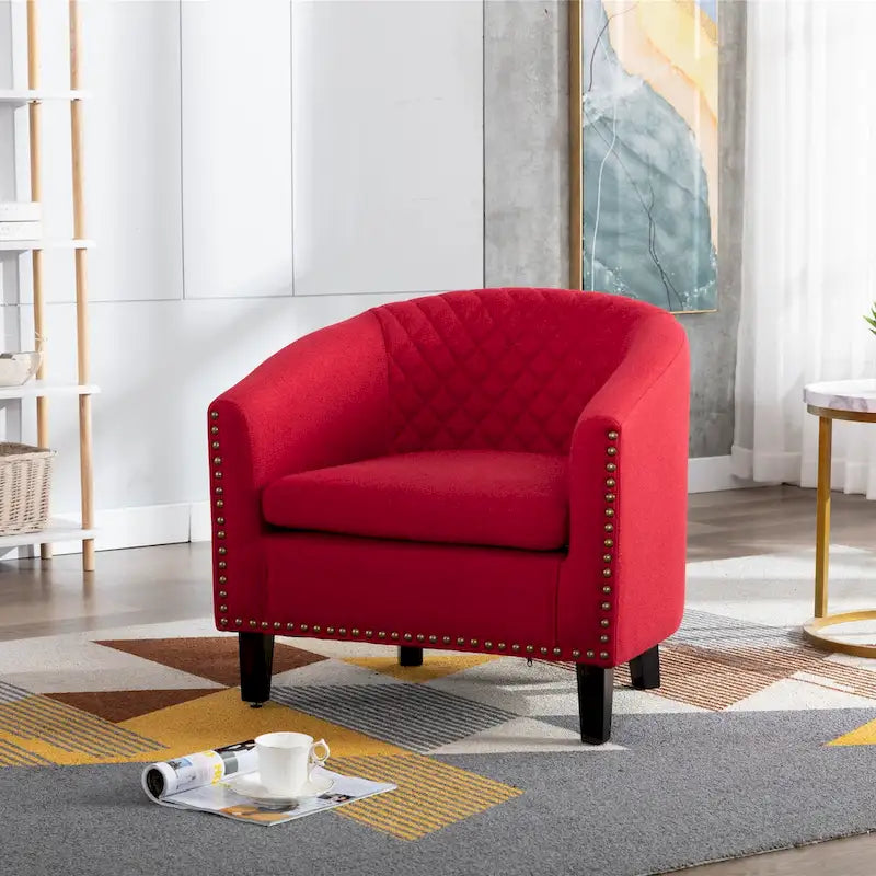 Accent Barrel chair living room chair with nailheads and solid wood legs