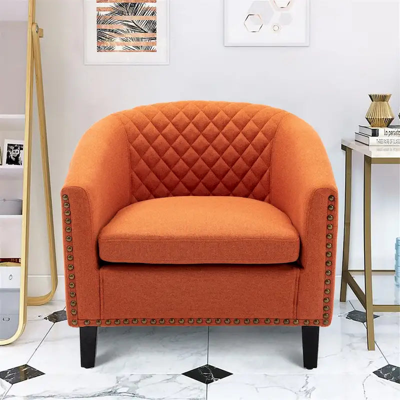 Accent Barrel chair living room chair with nailheads and solid wood legs