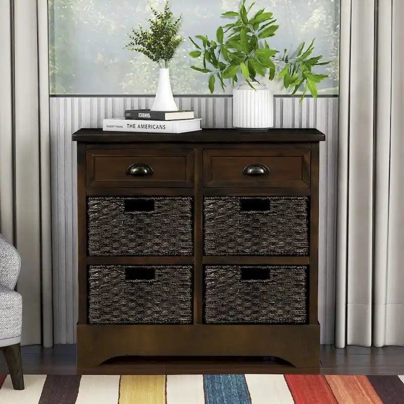 Storage Cabinet with 2 Drawers and 4 Classic Rattan Basket