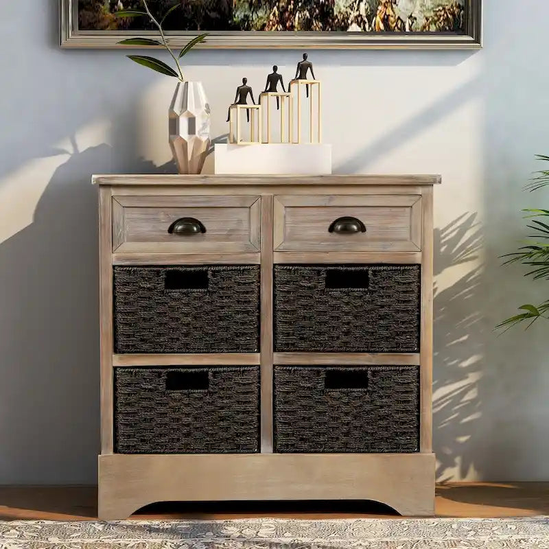 Storage Cabinet with 2 Drawers and 4 Classic Rattan Basket