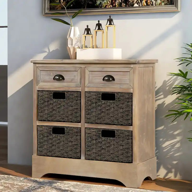 Storage Cabinet with 2 Drawers and 4 Classic Rattan Basket