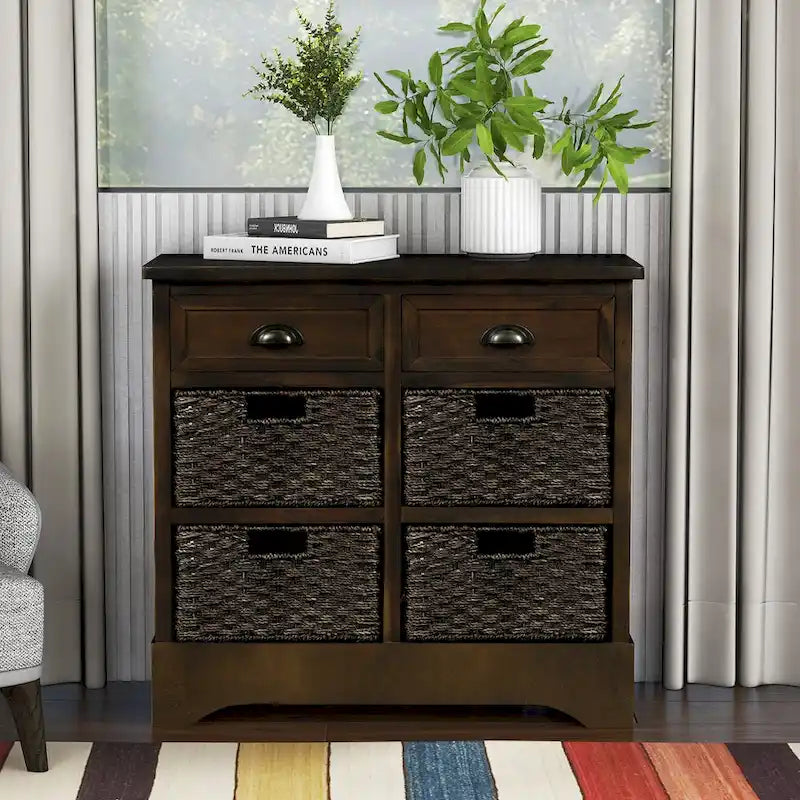 Storage Cabinet with 2 Drawers and 4 Classic Rattan Basket