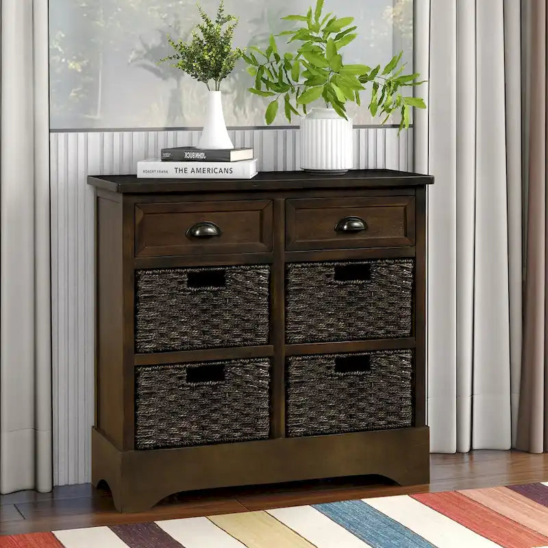 Storage Cabinet with 2 Drawers and 4 Classic Rattan Basket