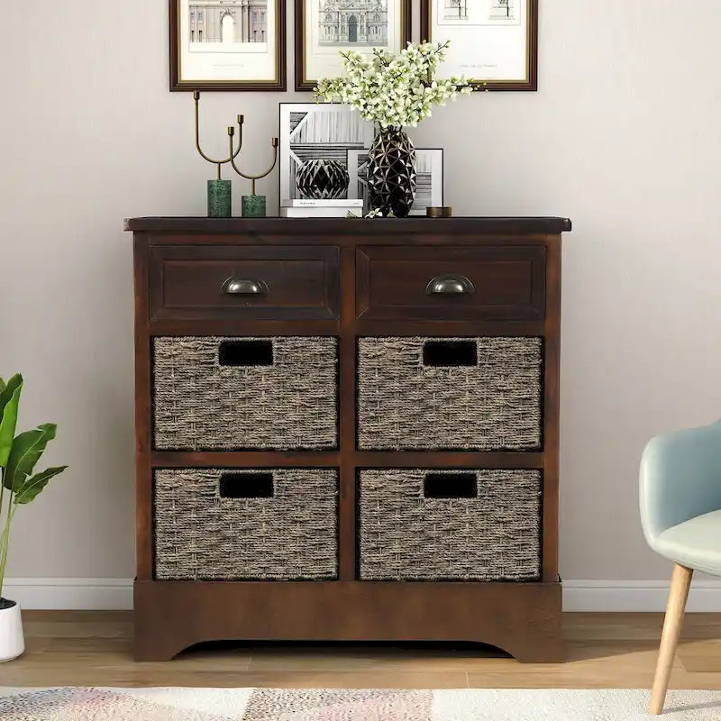 Storage Cabinet with 2 Drawers and 4 Classic Rattan Basket