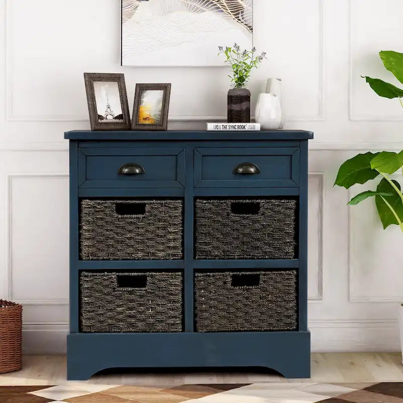 Storage Cabinet with 2 Drawers and 4 Classic Rattan Basket