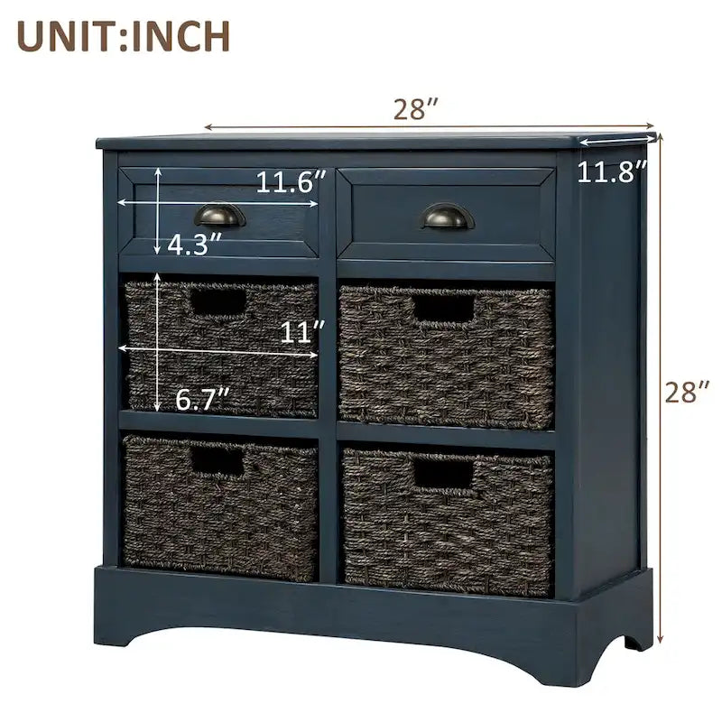 Storage Cabinet with 2 Drawers and 4 Classic Rattan Basket