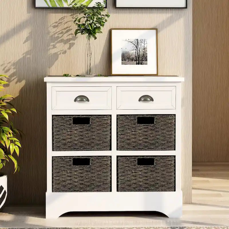 Storage Cabinet with 2 Drawers and 4 Classic Rattan Basket
