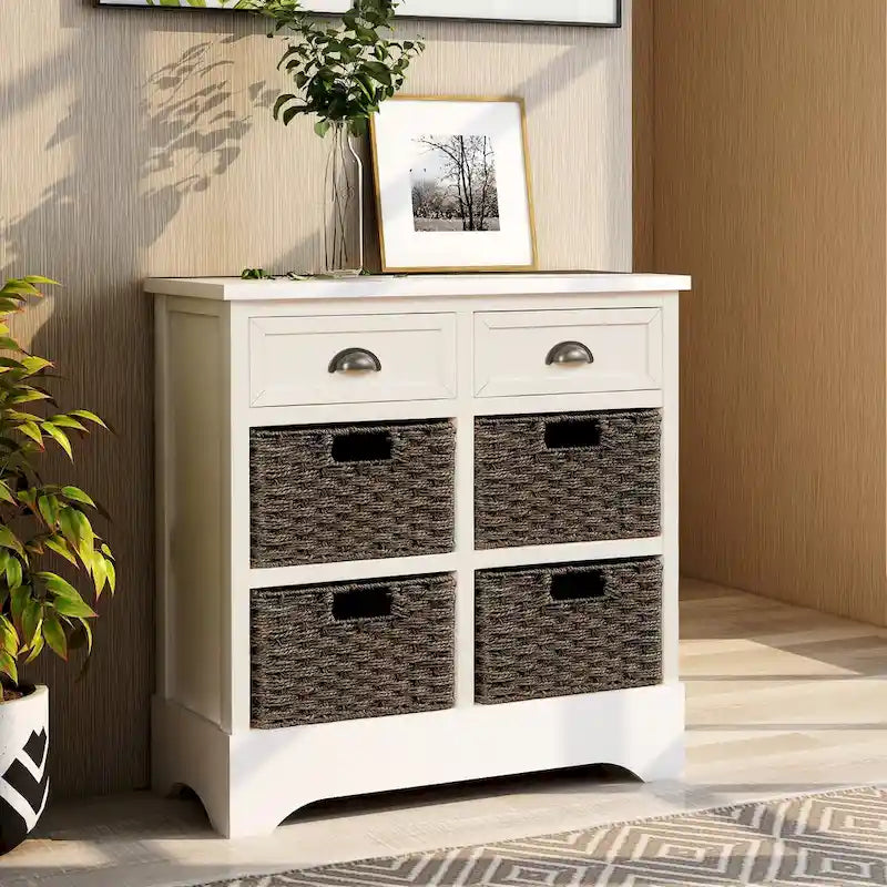 Storage Cabinet with 2 Drawers and 4 Classic Rattan Basket