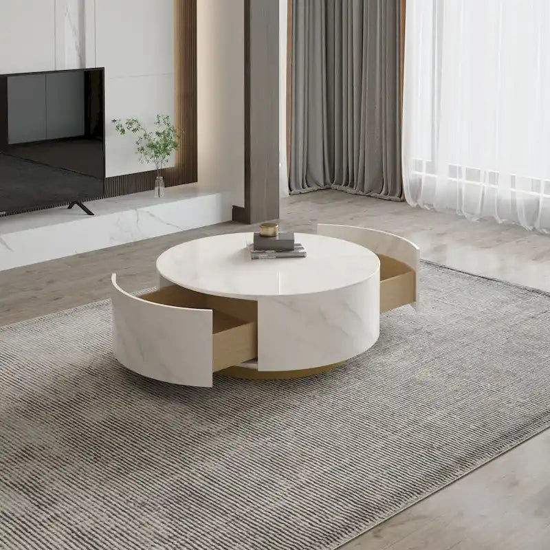Faux Marble Top Round Modern Coffee Table with 2 Drawers