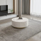 Table basse ronde moderne avec plateau en faux marbre et 2 tiroirs