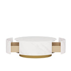 Table basse ronde moderne avec plateau en faux marbre et 2 tiroirs