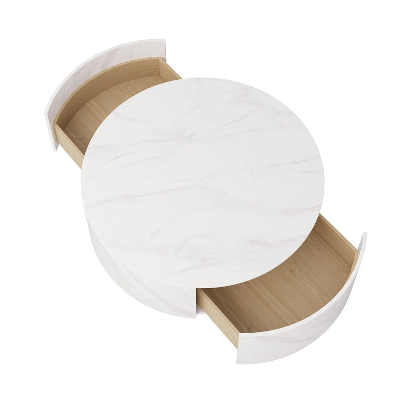 Faux Marble Top Round Modern Coffee Table with 2 Drawers