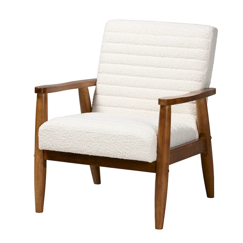 Mid-Century Modern Cream Boucle Fabric and Walnut Brown Finished Wood Armchair
