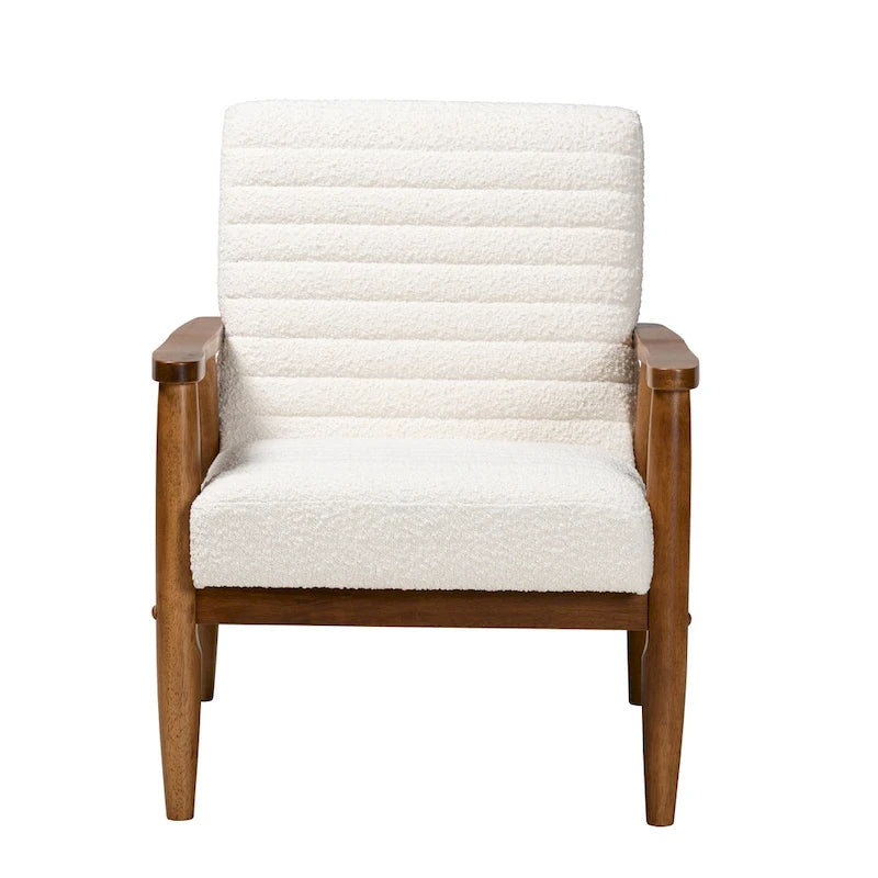 Mid-Century Modern Cream Boucle Fabric and Walnut Brown Finished Wood Armchair