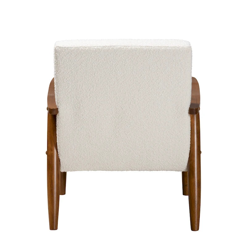 Mid-Century Modern Cream Boucle Fabric and Walnut Brown Finished Wood Armchair