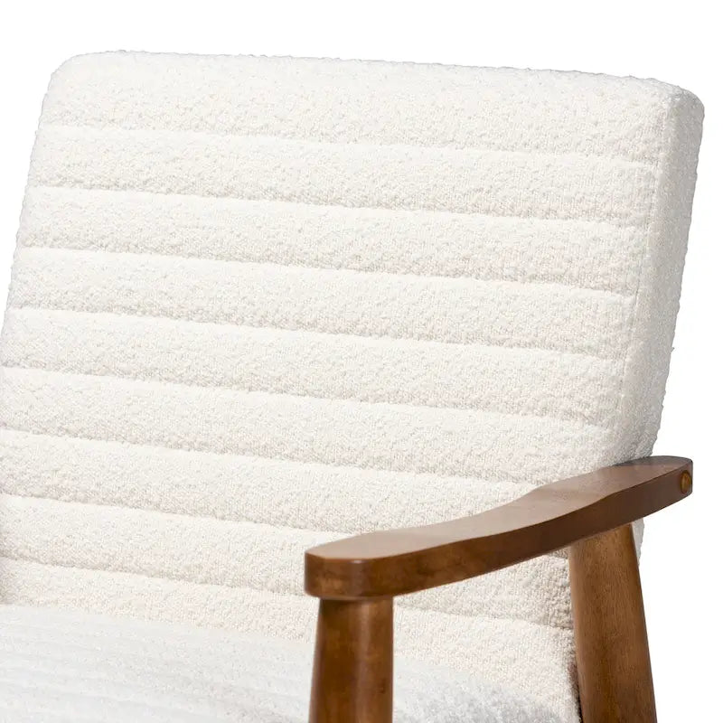Mid-Century Modern Cream Boucle Fabric and Walnut Brown Finished Wood Armchair