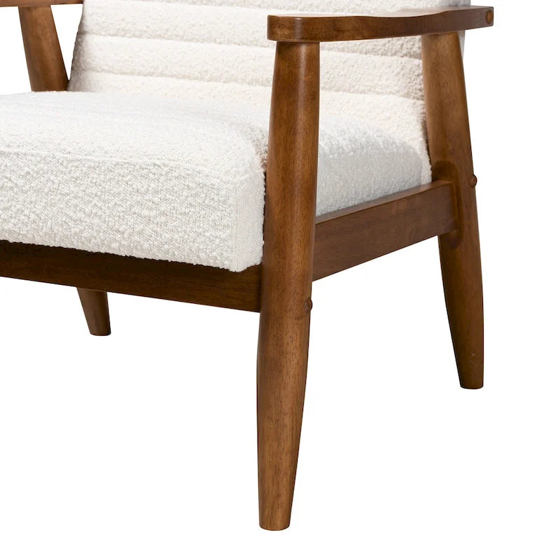 Mid-Century Modern Cream Boucle Fabric and Walnut Brown Finished Wood Armchair