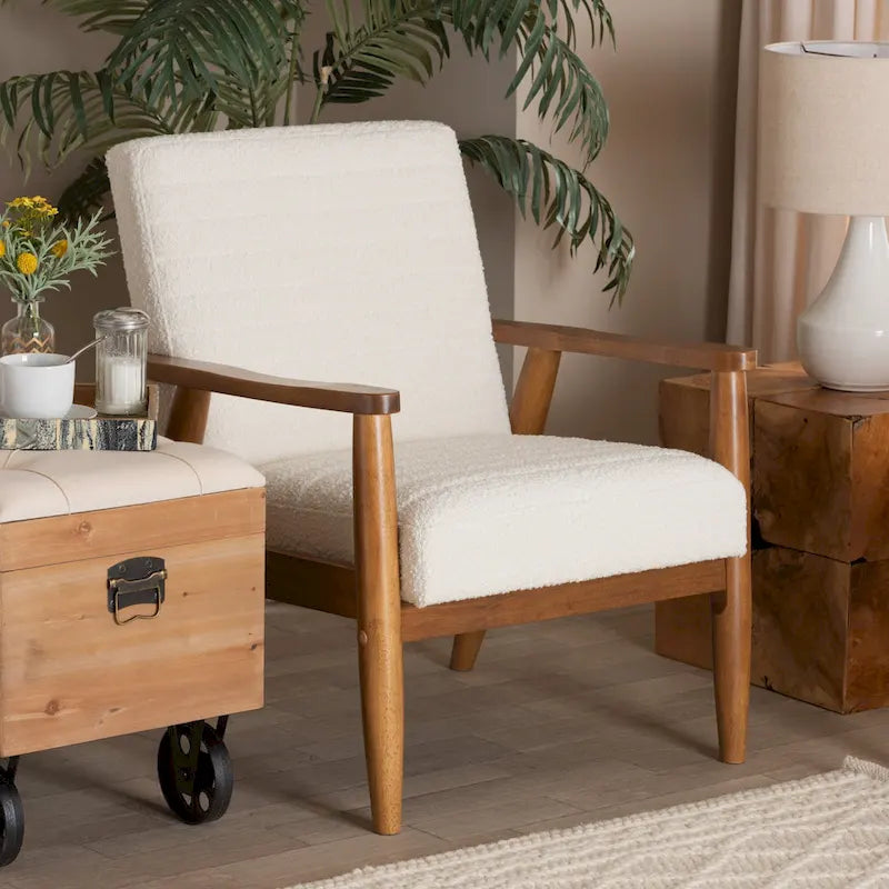 Mid-Century Modern Cream Boucle Fabric and Walnut Brown Finished Wood Armchair