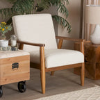 Fauteuil moderne mi-siècle en tissu bouclé crème et bois fini noyer brun