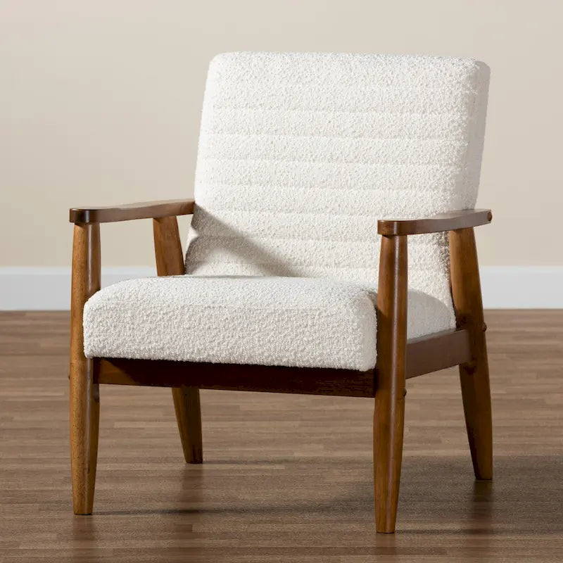 Mid-Century Modern Cream Boucle Fabric and Walnut Brown Finished Wood Armchair