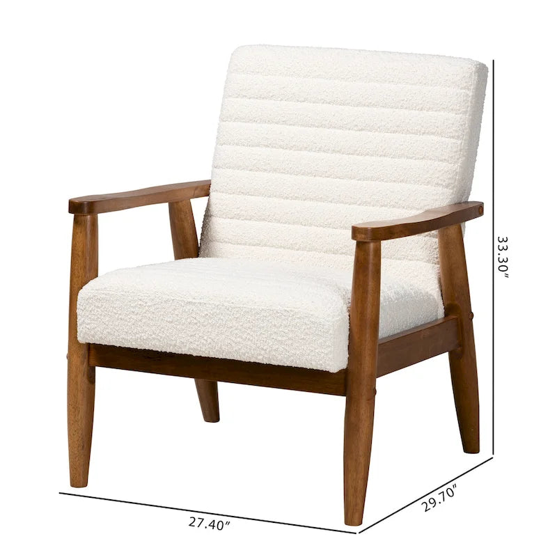 Mid-Century Modern Cream Boucle Fabric and Walnut Brown Finished Wood Armchair