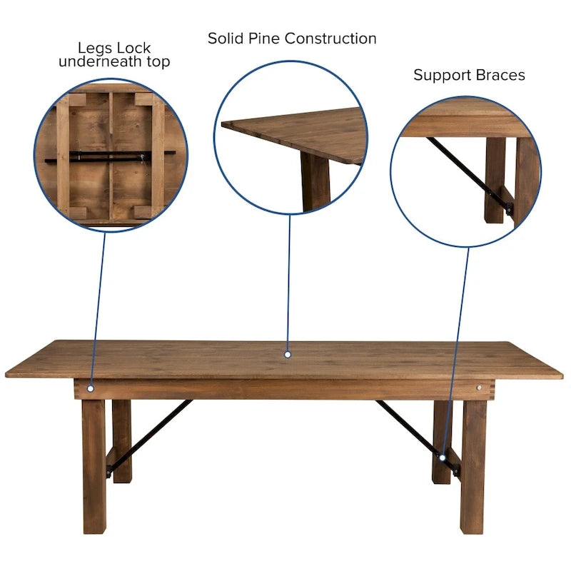 8' x 40 Rustic Folding Farm Table Set with 10 Cross Back Chairs and Cushions