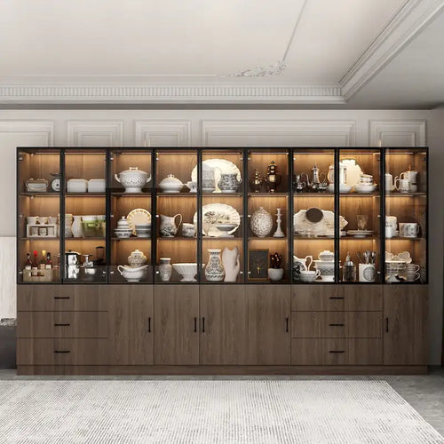 Meuble éclairé en aluminium et verre, personnalisable pour buffet ou bibliothèque