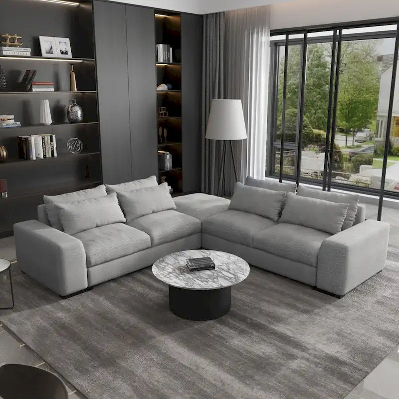 150 Wide L-Shape Linen Sofa Couch, Modern Feather Filled 5-Seat Sectional Sofa Couch with Ottoman