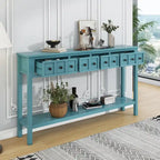 Table console rustique turquoise et verte en pin de 60, avec 4 tiroirs, étagère inférieure et finition vieillie pour entrée