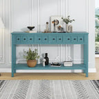 Table console rustique turquoise et verte en pin de 60, avec 4 tiroirs, étagère inférieure et finition vieillie pour entrée