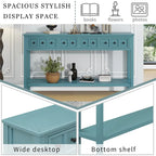 Table console rustique turquoise et verte en pin de 60, avec 4 tiroirs, étagère inférieure et finition vieillie pour entrée
