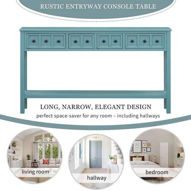 Turquoise Green Rustic 60 Pine Wood Console Table with 4 Drawers, Bottom Shelf, and Distressed Finish for Entryway