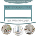 Table console rustique turquoise et verte en pin de 60, avec 4 tiroirs, étagère inférieure et finition vieillie pour entrée